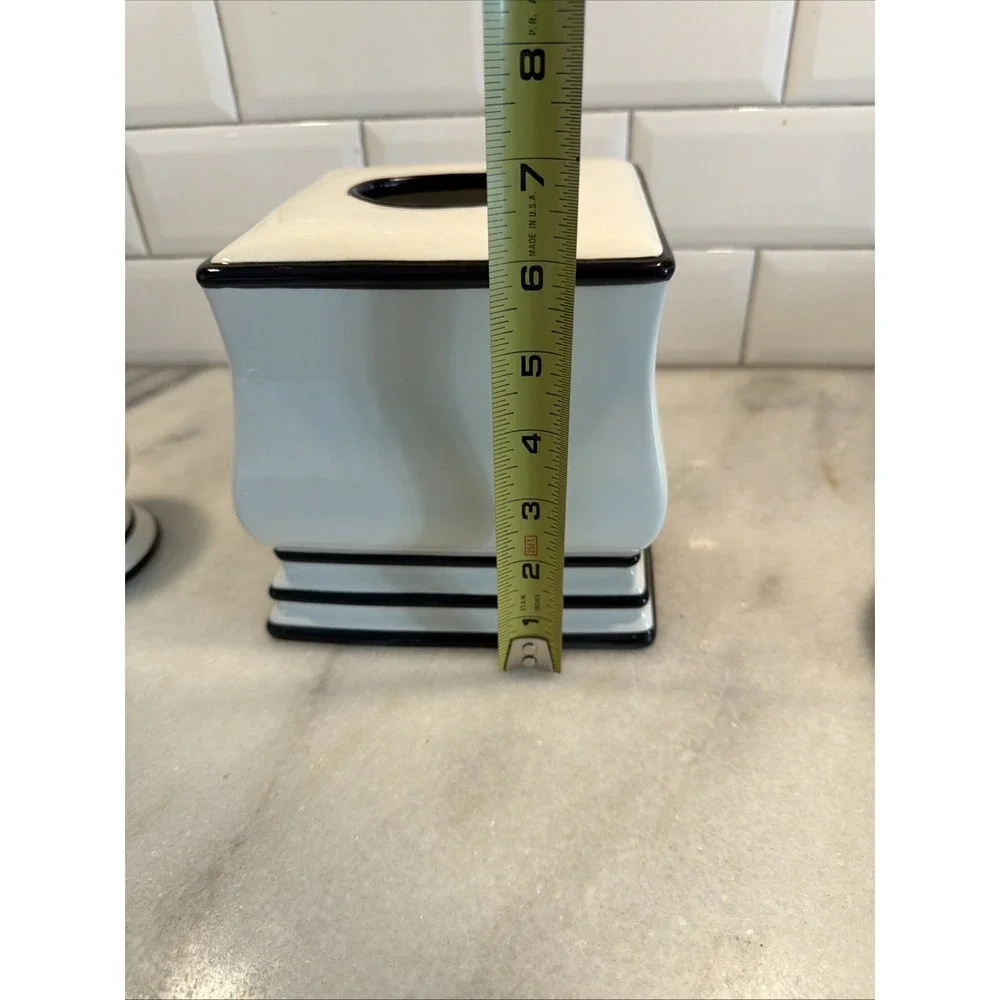 Vintage Black And White Ceramic Bath Set Tissue Box Toothbrush Holder &Cup 0041